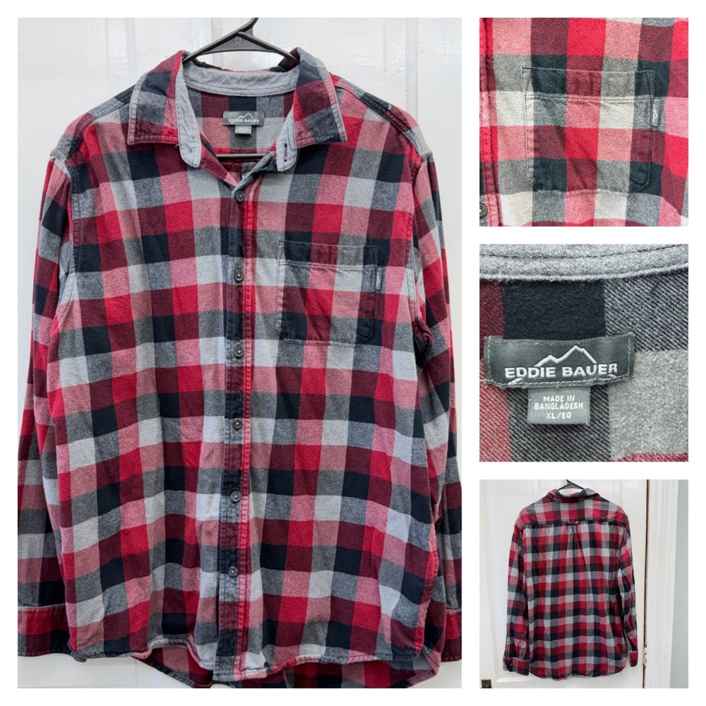 Eddie Bauer Plaid Flannel Button Down Shirt Mens XL Red Black Grey Cotton